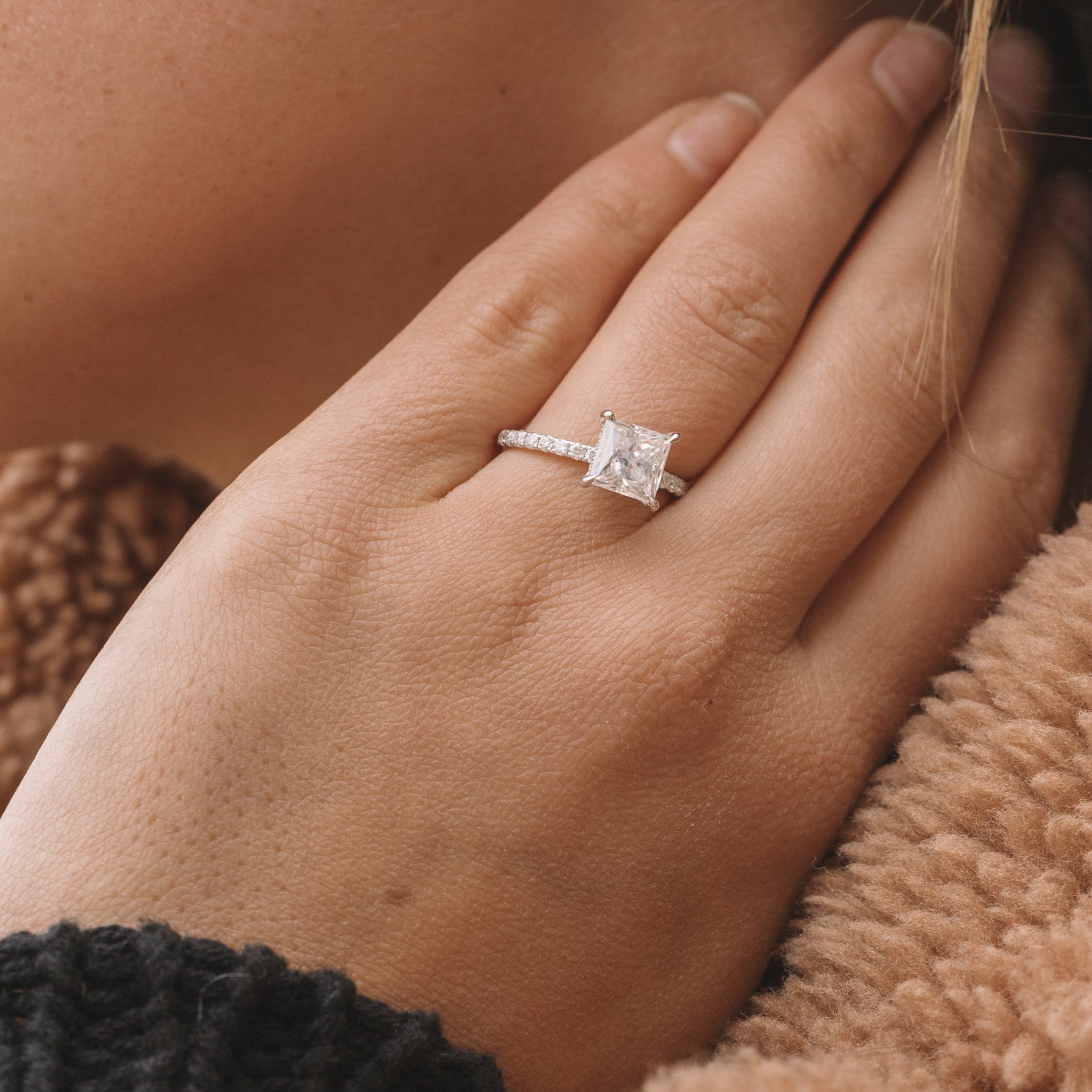 1.75ct Princess Moissanite Hidden Halo Pave Setting Engagement Ring