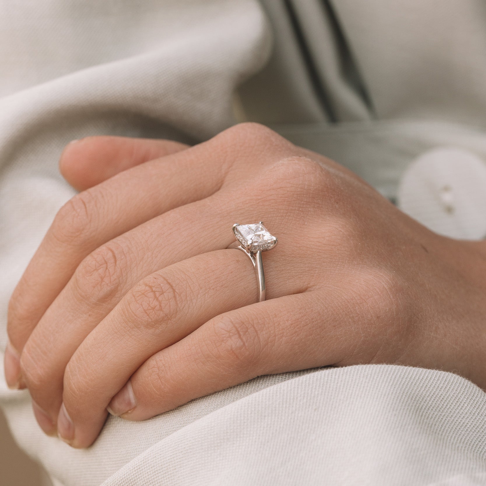 1.90CT Princess Cut Hidden Halo Moissanite Engagement Ring in 14K White Gold