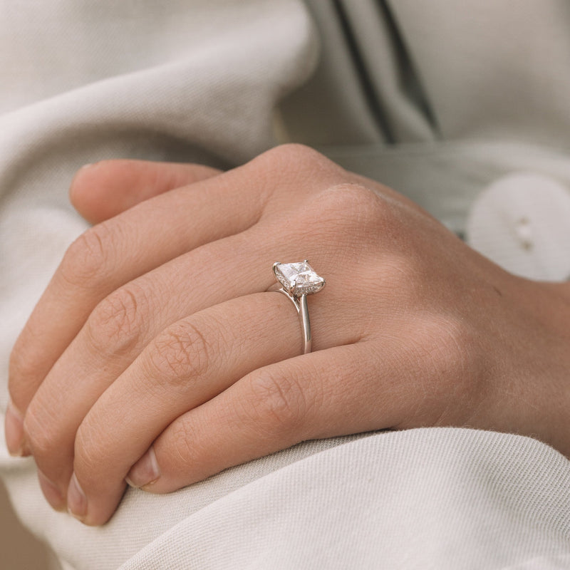 1.90CT Princess Cut Hidden Halo Moissanite Engagement Ring in 14K White Gold