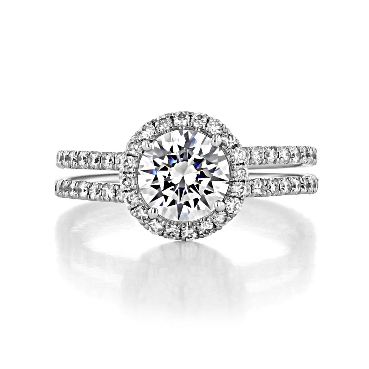 1.0ct Round Cut Halo Double Shank Moissanite Engagement Ring