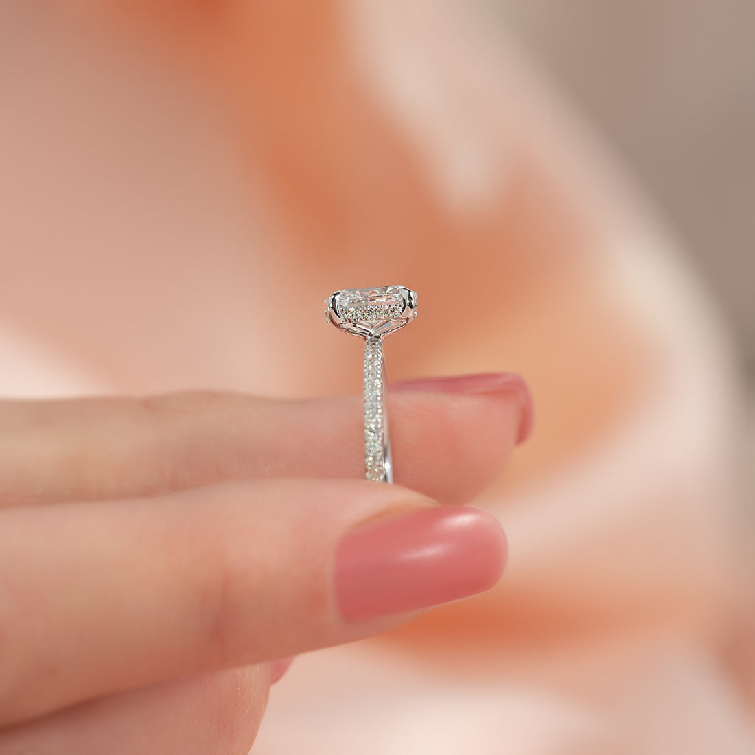 2.0 -4.0 CT Oval Cut CVD Diamond Hidden Halo & Pave Engagement Ring