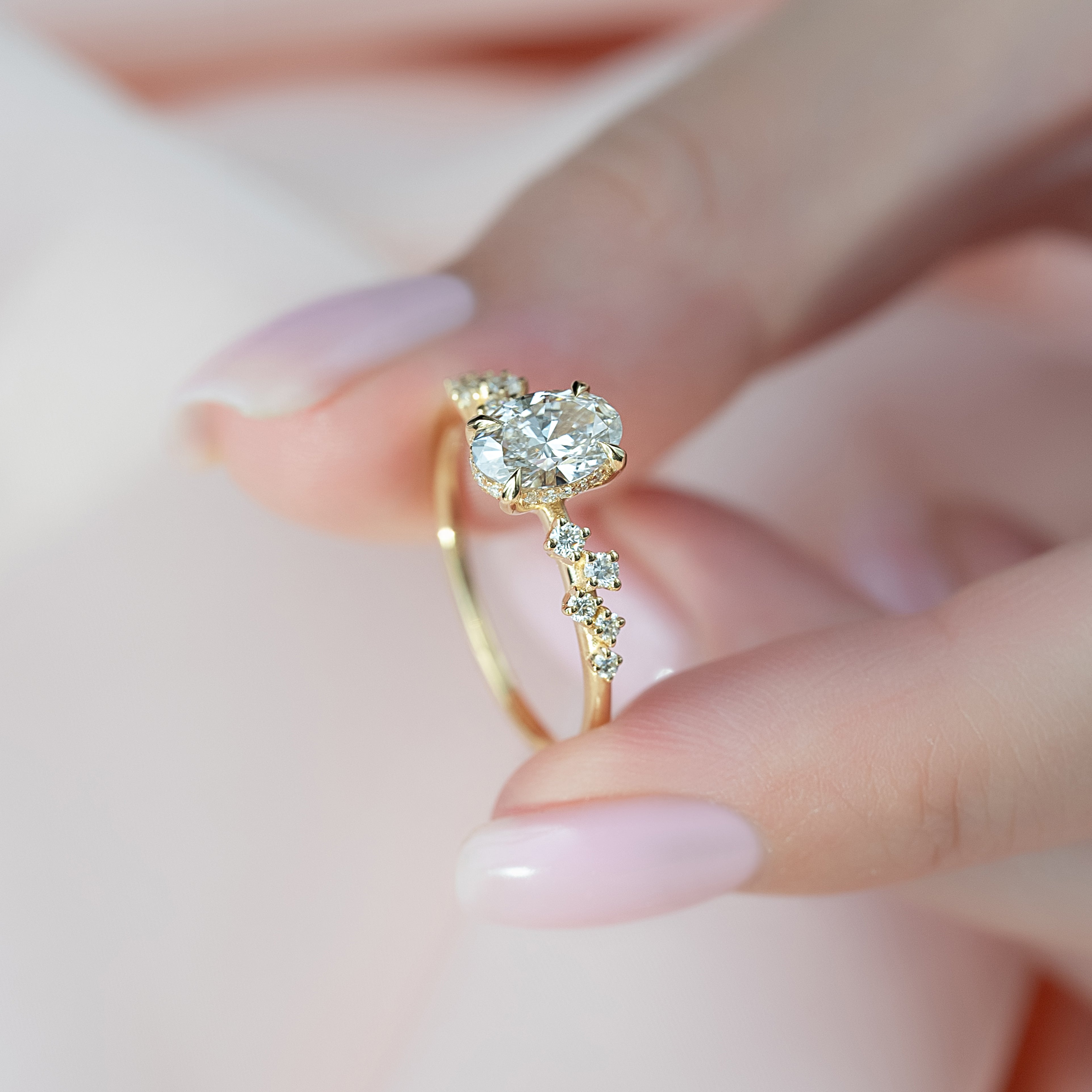 2.0 -4.0 CT Oval Cut CVD Diamond Hidden Halo & Pave Engagement Ring