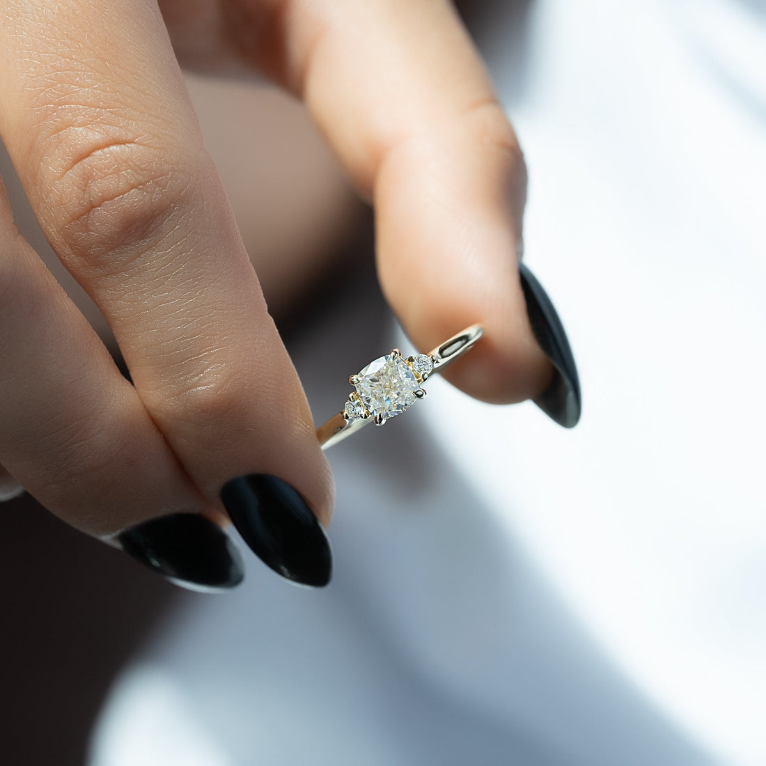 2.0 - 3.0 CT Cushion Cut CVD Diamond Three Stone Style Engagement Ring
