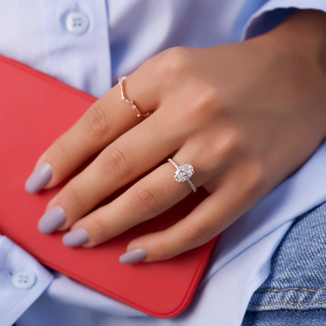 2.0 -4.0 CT Oval Cut CVD Diamond Hidden Halo & Pave Engagement Ring