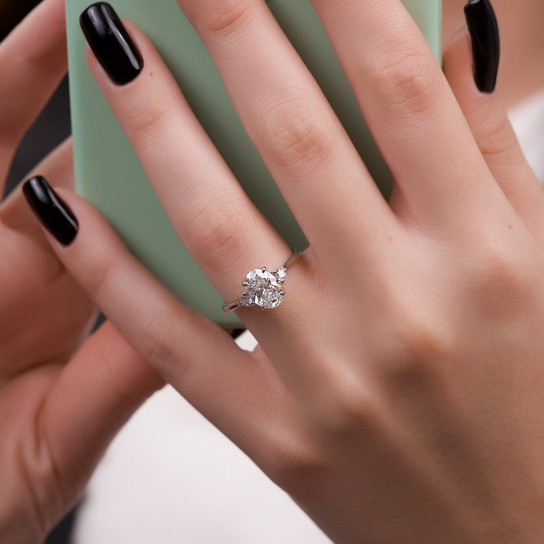 2.0- 4.0 CT Oval Cut CVD Diamond  Three Stone Style Engagement Ring