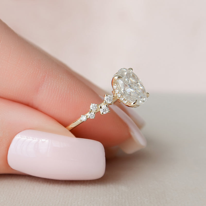 2.0 -4.0 CT Oval Cut CVD Diamond Hidden Halo & Pave Engagement Ring