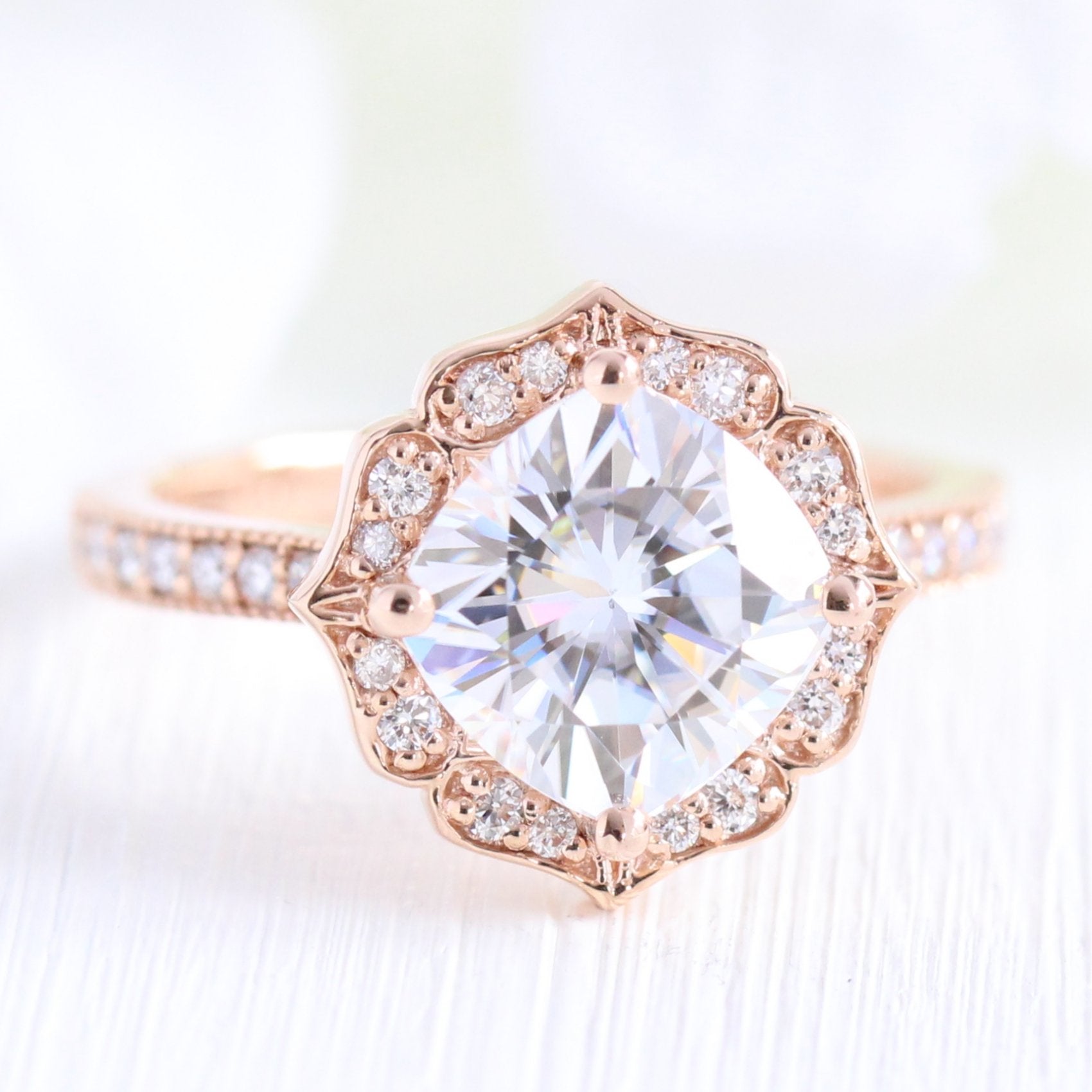 2.30CT Cushion Moissanite Vintage Halo Bridal Ring Set