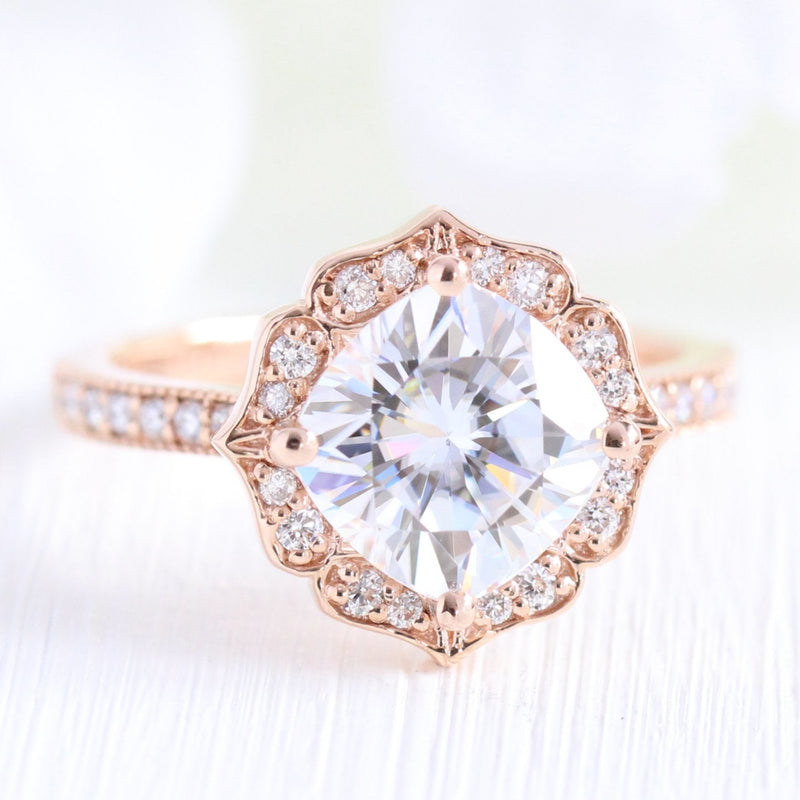 2.30CT Cushion Moissanite Vintage Halo Bridal Ring Set