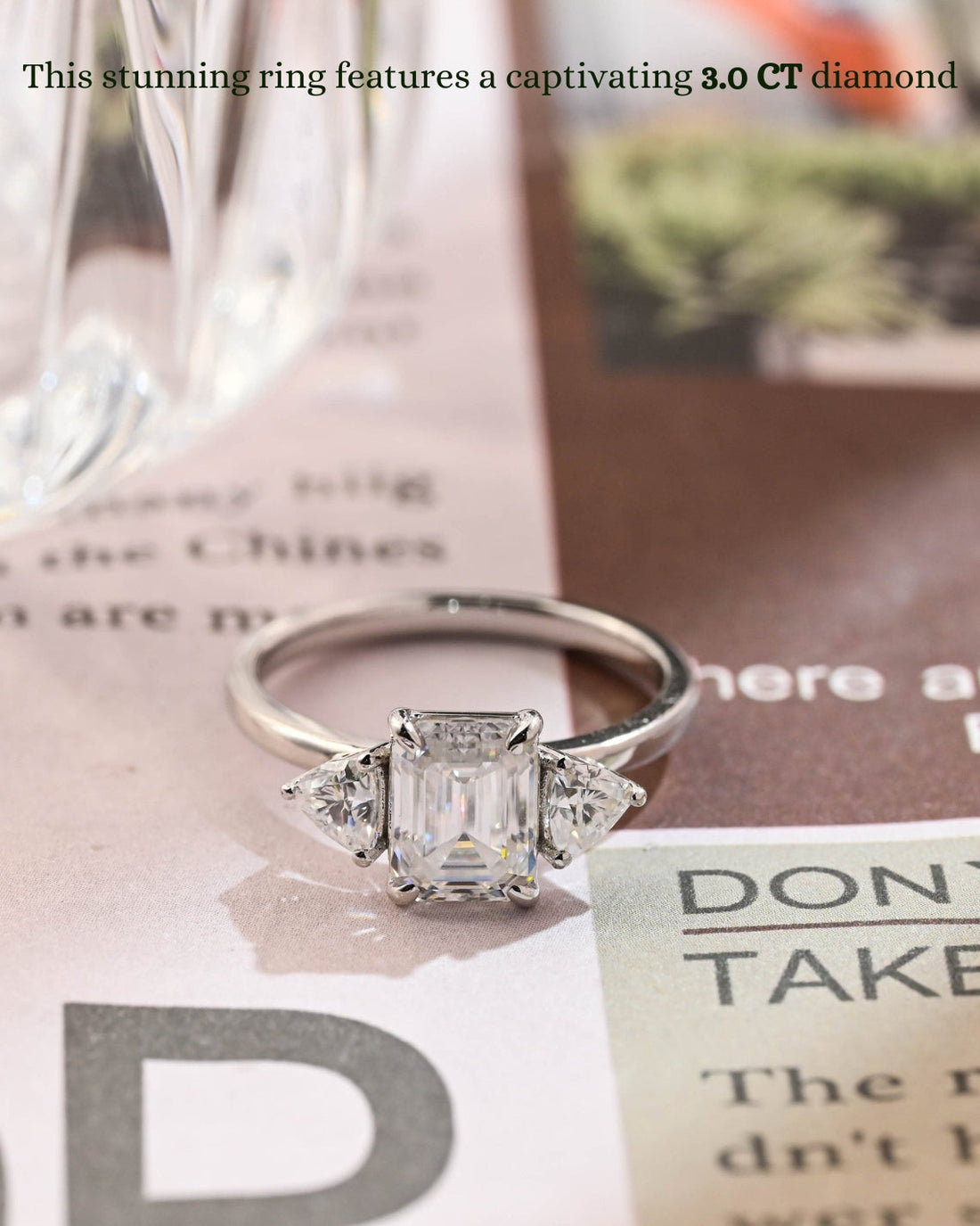 1.0-3.0 CT Emerald  CVD Diamond Three Stone Style Engagement Ring