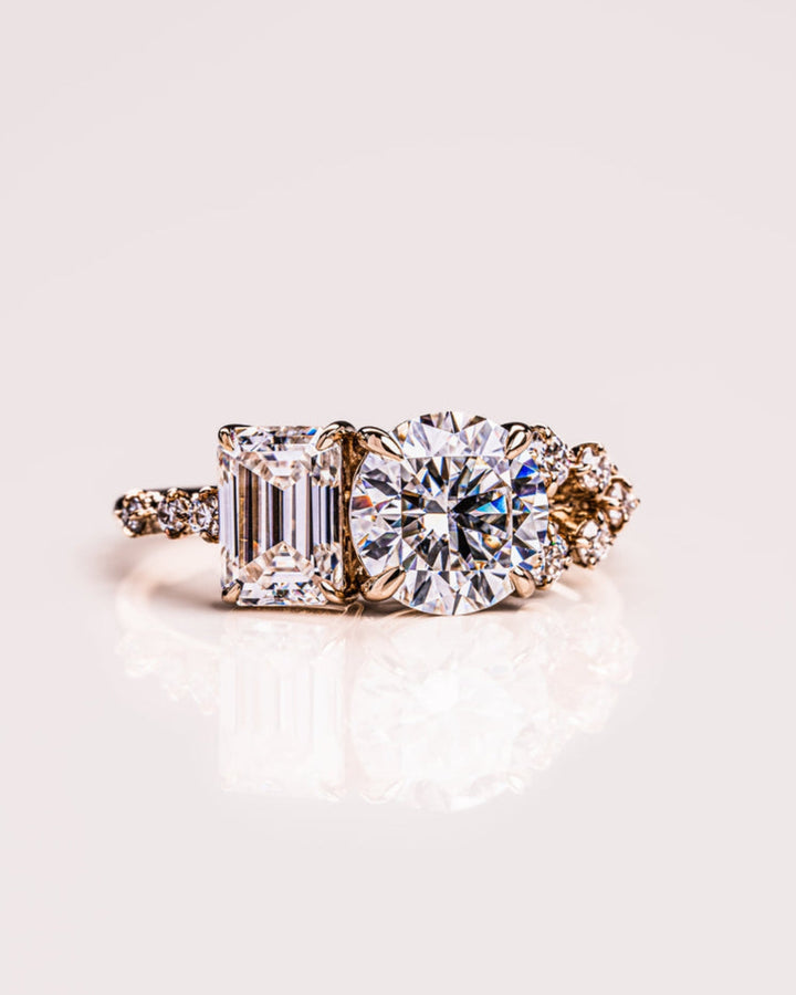 2.80 CT Emerald & Round G/VS2 CVD Diamond Two Stone Engagement Ring
