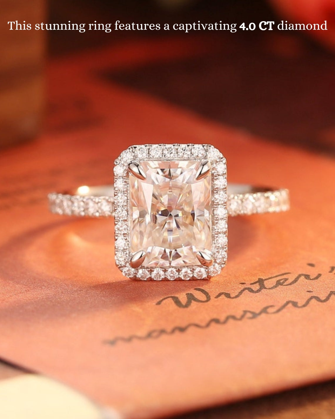 2.0-4.0 CT Radiant CVD Diamond halo Pave Setting Engagement Ring