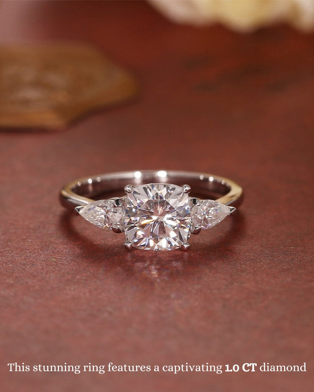 1.0 CT Cushion F/VS1 CVD Diamond Three Stone Style Engagement Ring