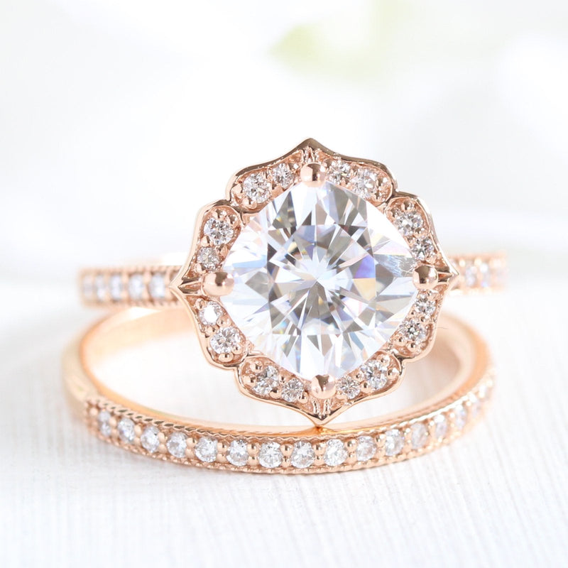2.30CT Cushion Moissanite Vintage Halo Bridal Ring Set