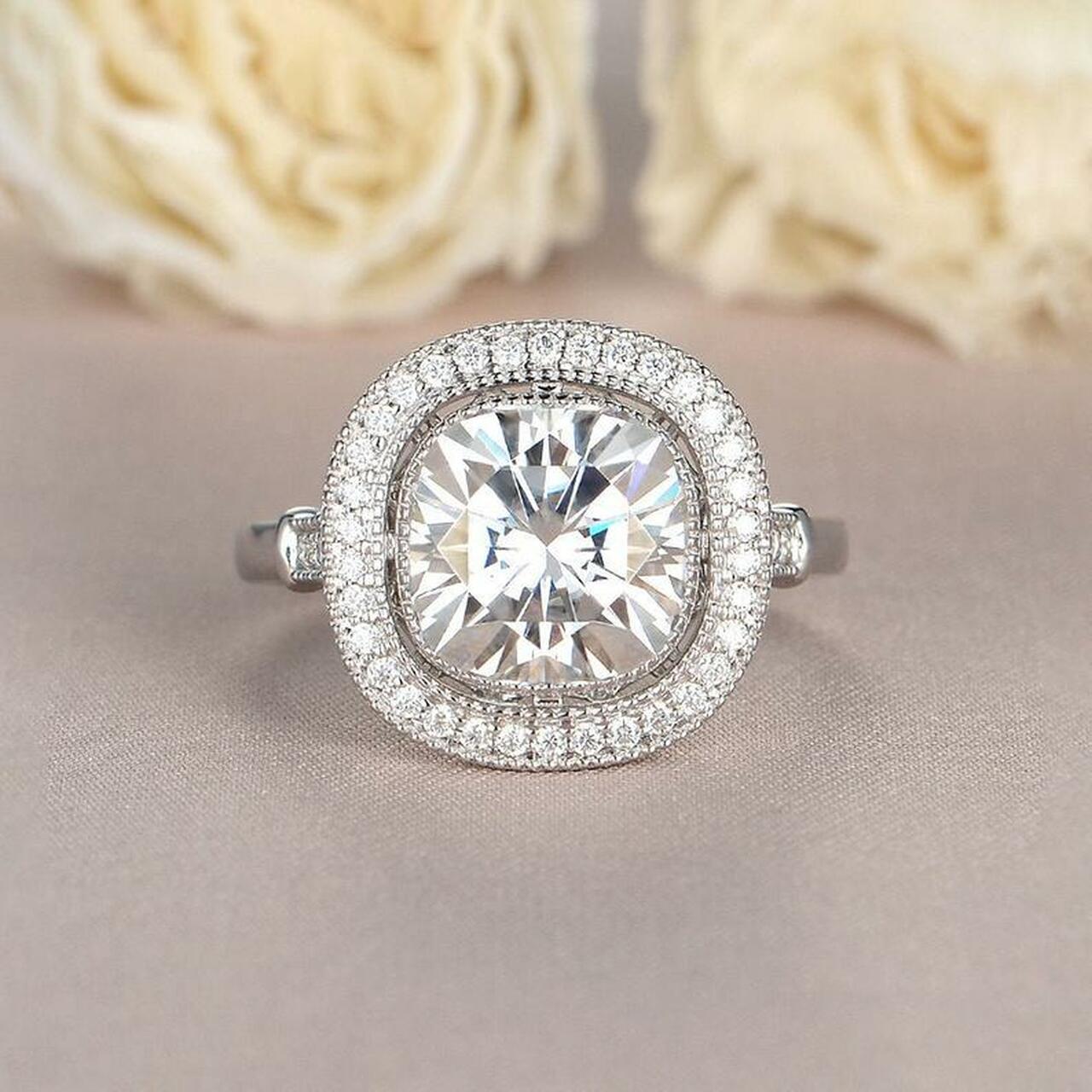 2.40CT Cushion Cut Moissanite Unique Halo Engagement Ring