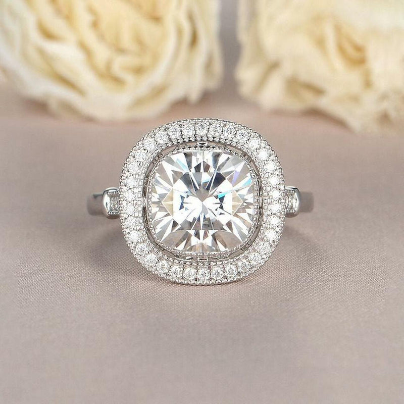 2.40CT Cushion Cut Moissanite Unique Halo Engagement Ring