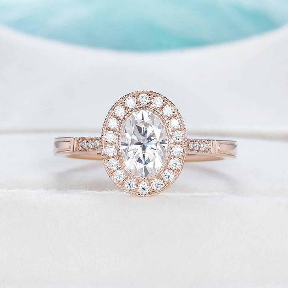 1.0CT Oval Cut Milgrain Halo Moissanite Engagement Ring