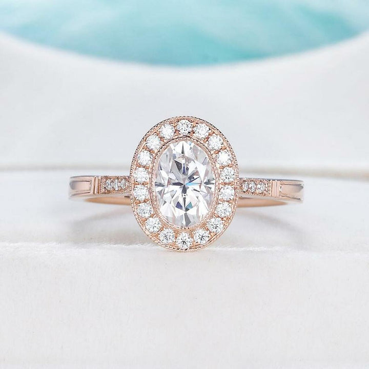 1.0CT Oval Cut Milgrain Halo Moissanite Engagement Ring