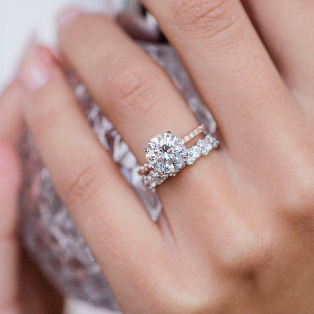 2.10CT Round Moissanite Solitaire Pave Setting Engagement Ring