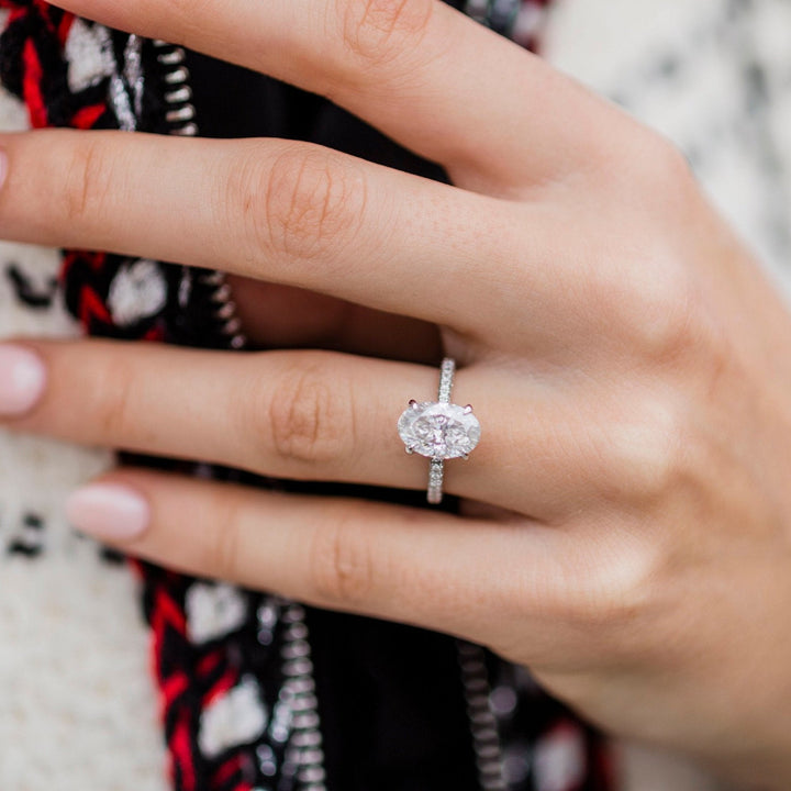 3.0CT Oval Moissanite Hidden Halo Triple Pave Engagement Ring