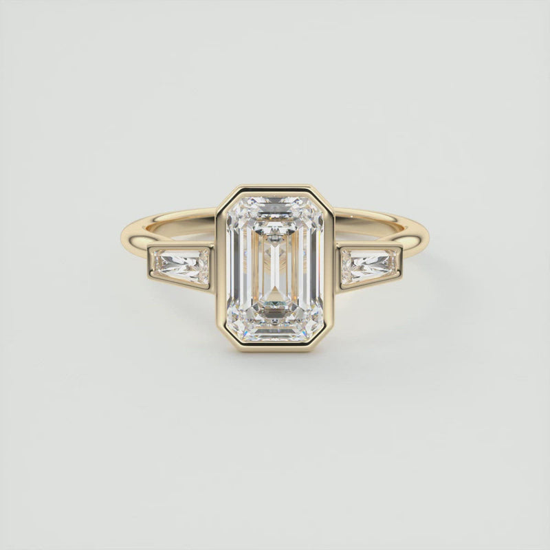 2.5 Ct Emerald Three Stone Bezel Moissanite Engagement Ring