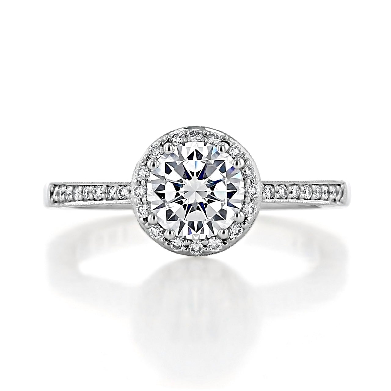 1.35CT Round Cut Halo Moissanite Engagement Ring in 18K White Gold