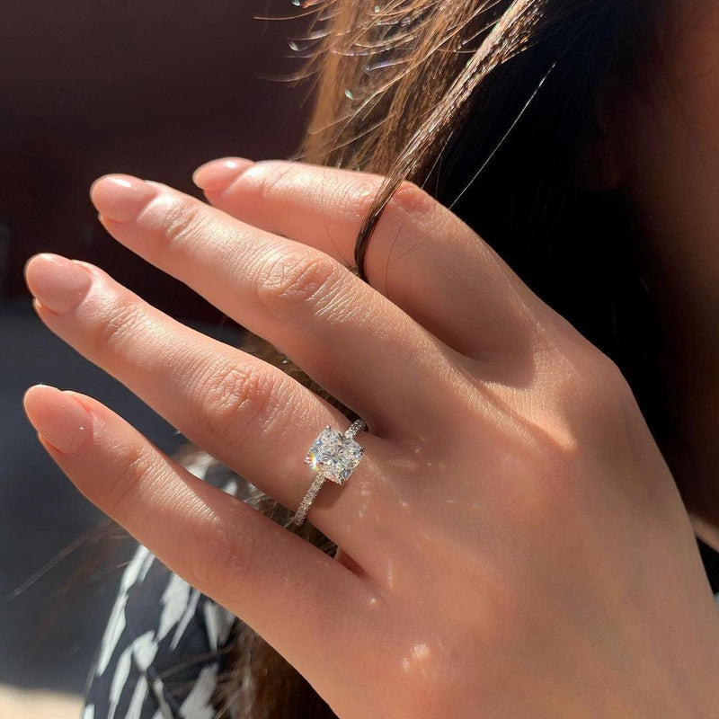 1.50CT Cushion Cut Hidden Halo Pave Moissanite Engagement Ring