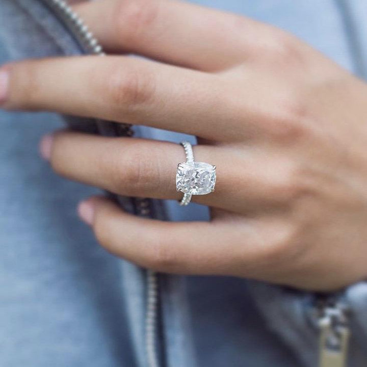 5.0CT Elongated Cushion Moissanite Hidden Halo Pave Setting Diamond Engagement Ring