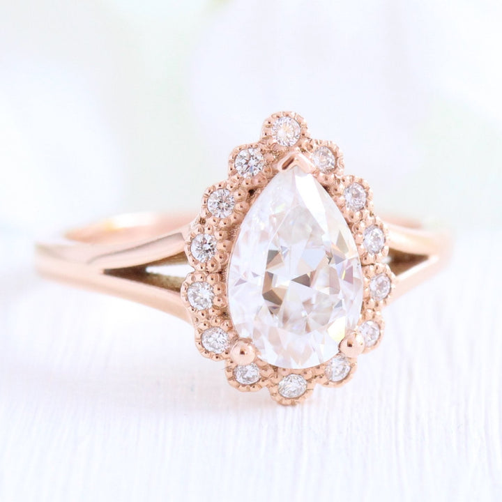 1.50CT Pear Cut Moissanite Halo Split Shank Style Engagement Ring