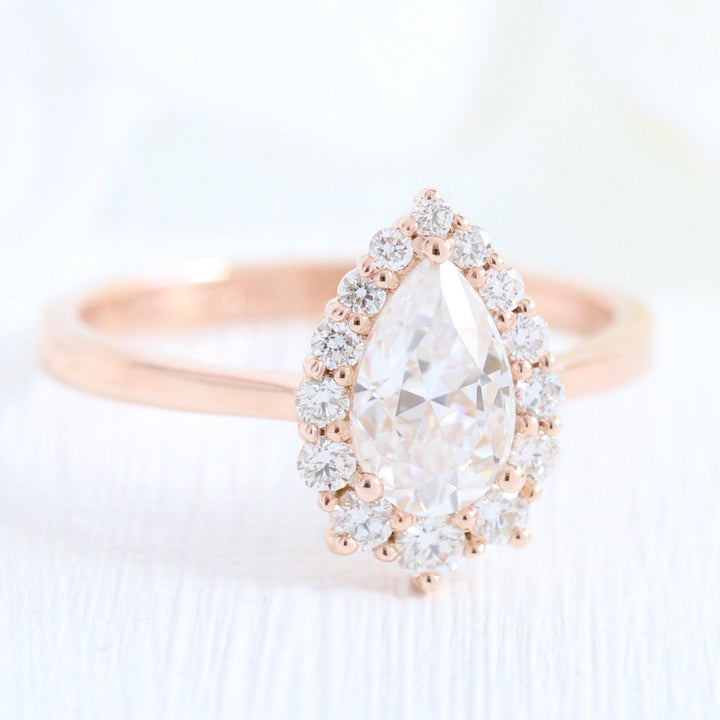 1.0CT Pear Cut Halo Style Moissanite Engagement Ring