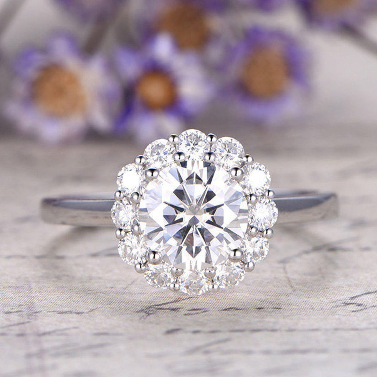 1.25CT Floral Round Brilliant Cut Halo Moissanite Engagement Ring