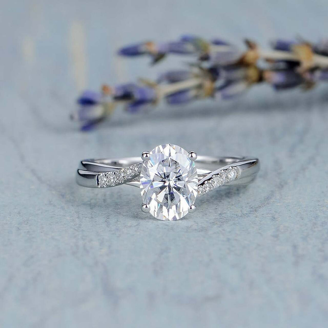 1.50CT Oval Cut Cross Over Pave Style Moissanite Engagement Ring