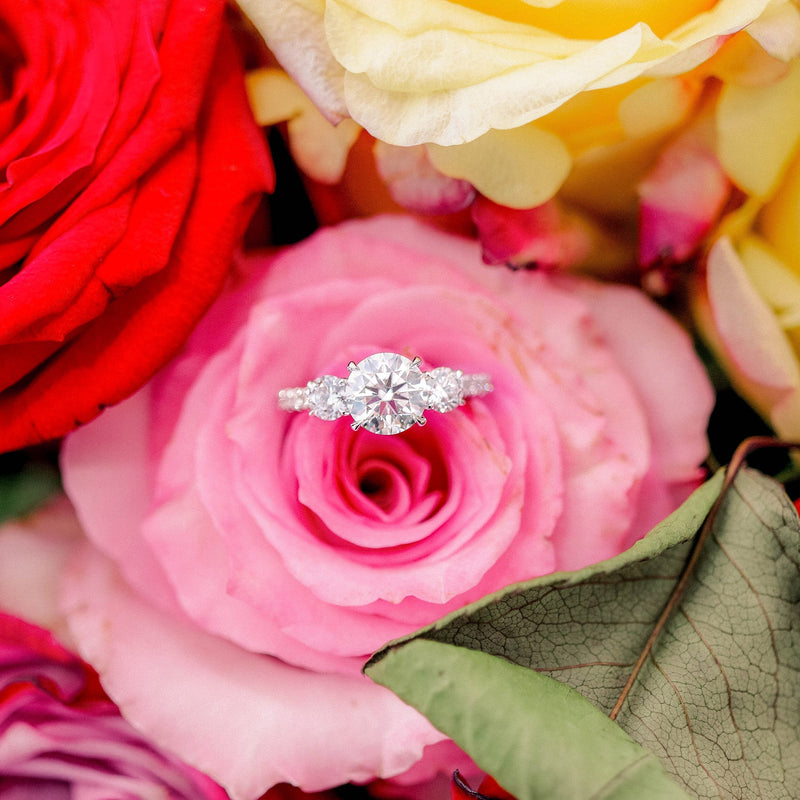 2.0CT Round Moissanite Three Stone Pave Setting Engagement Ring