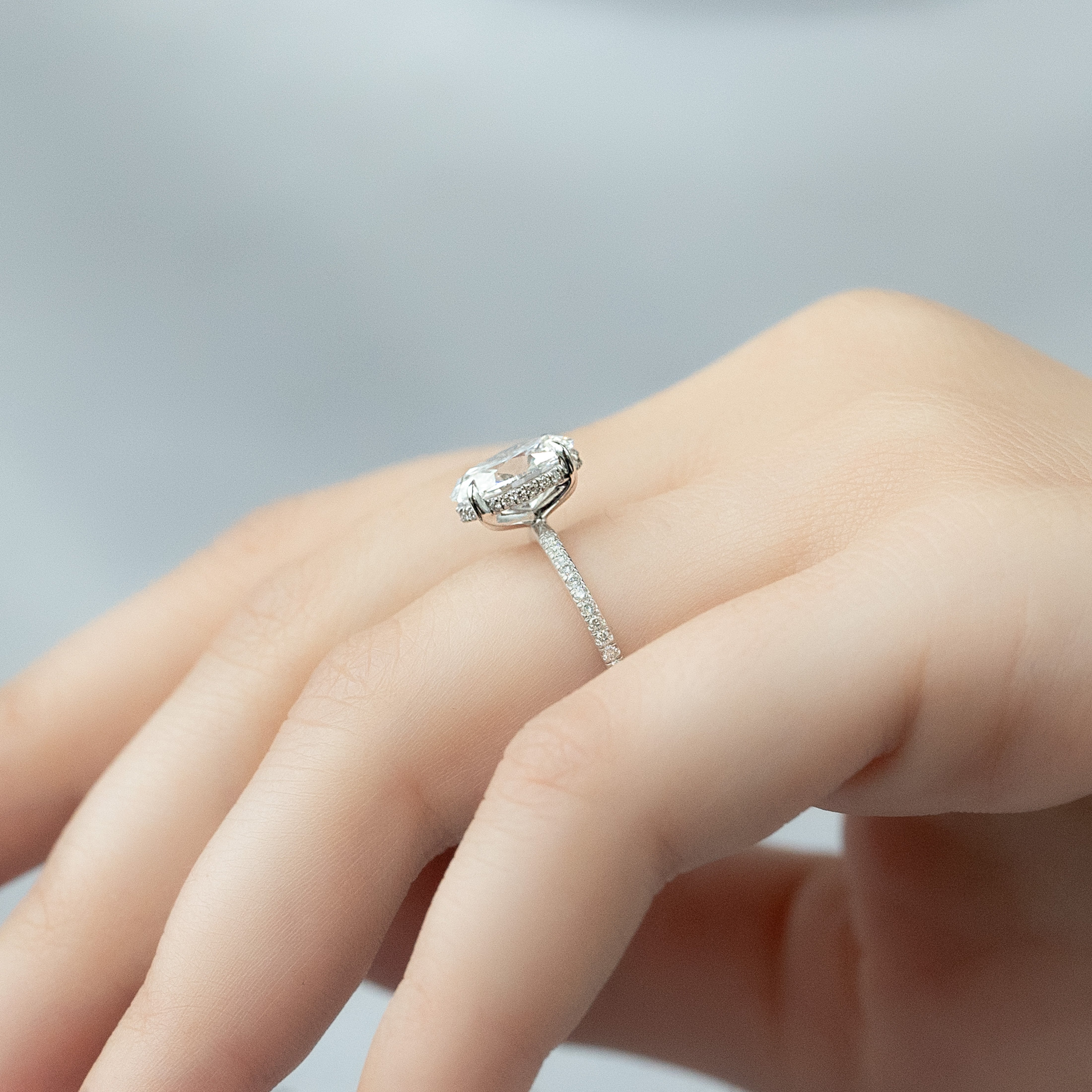 2.0 -4.0 CT Oval Cut CVD Diamond Hidden Halo & Pave Engagement Ring