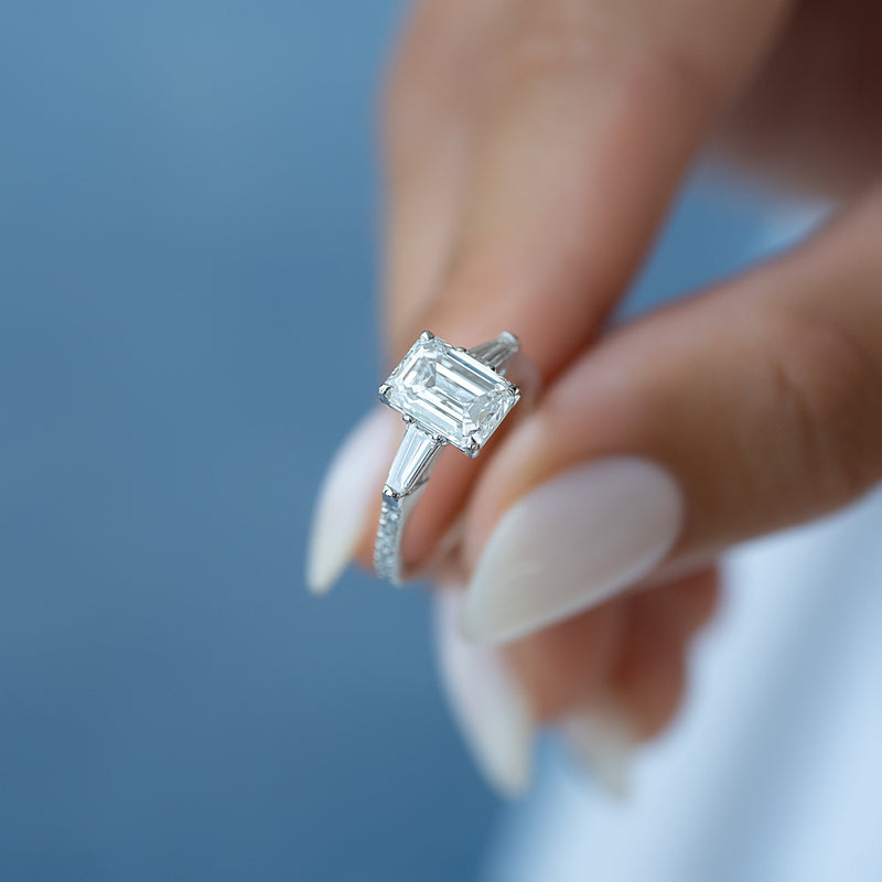 1.0 - 3.0 CT Emerald Cut CVD Diamond Pave Engagement Ring