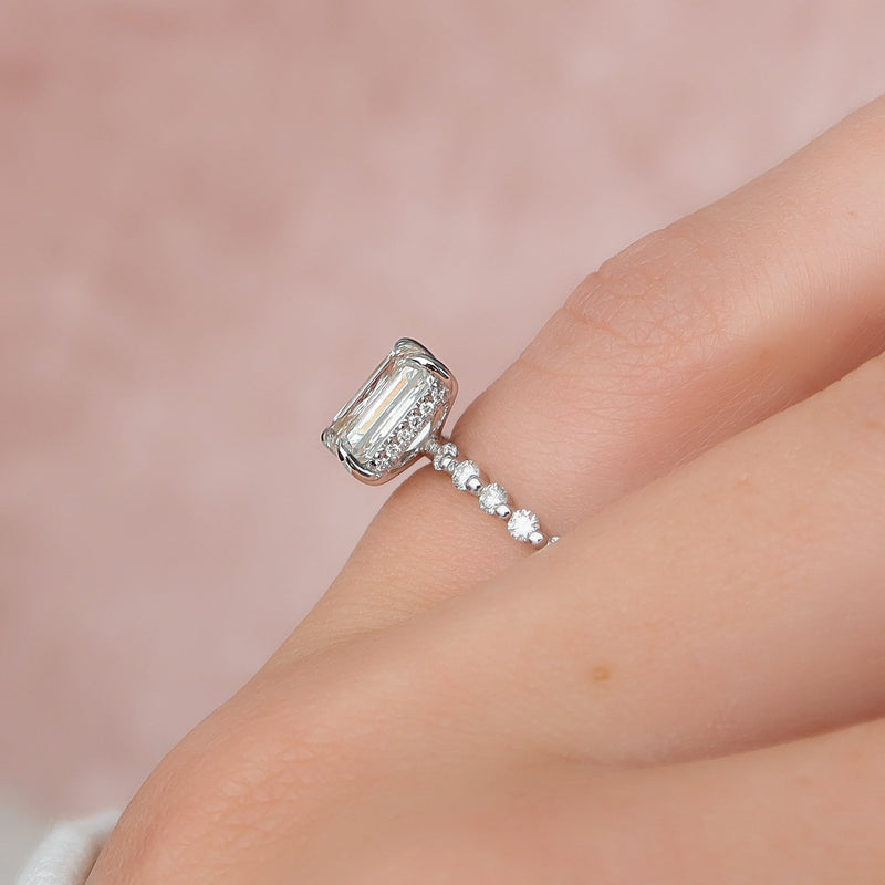 2.0- 4.0 CT Emerald Cut CVD Diamond Hidden Halo & Pave Engagement Ring