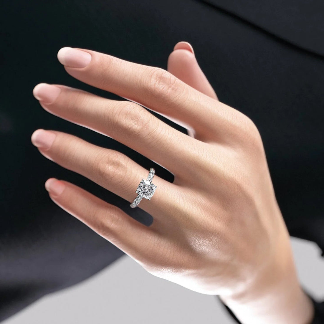 2.0 - 4.0 CT Cushion Cut CVD Diamond Hidden Halo & Pave  Engagement Ring