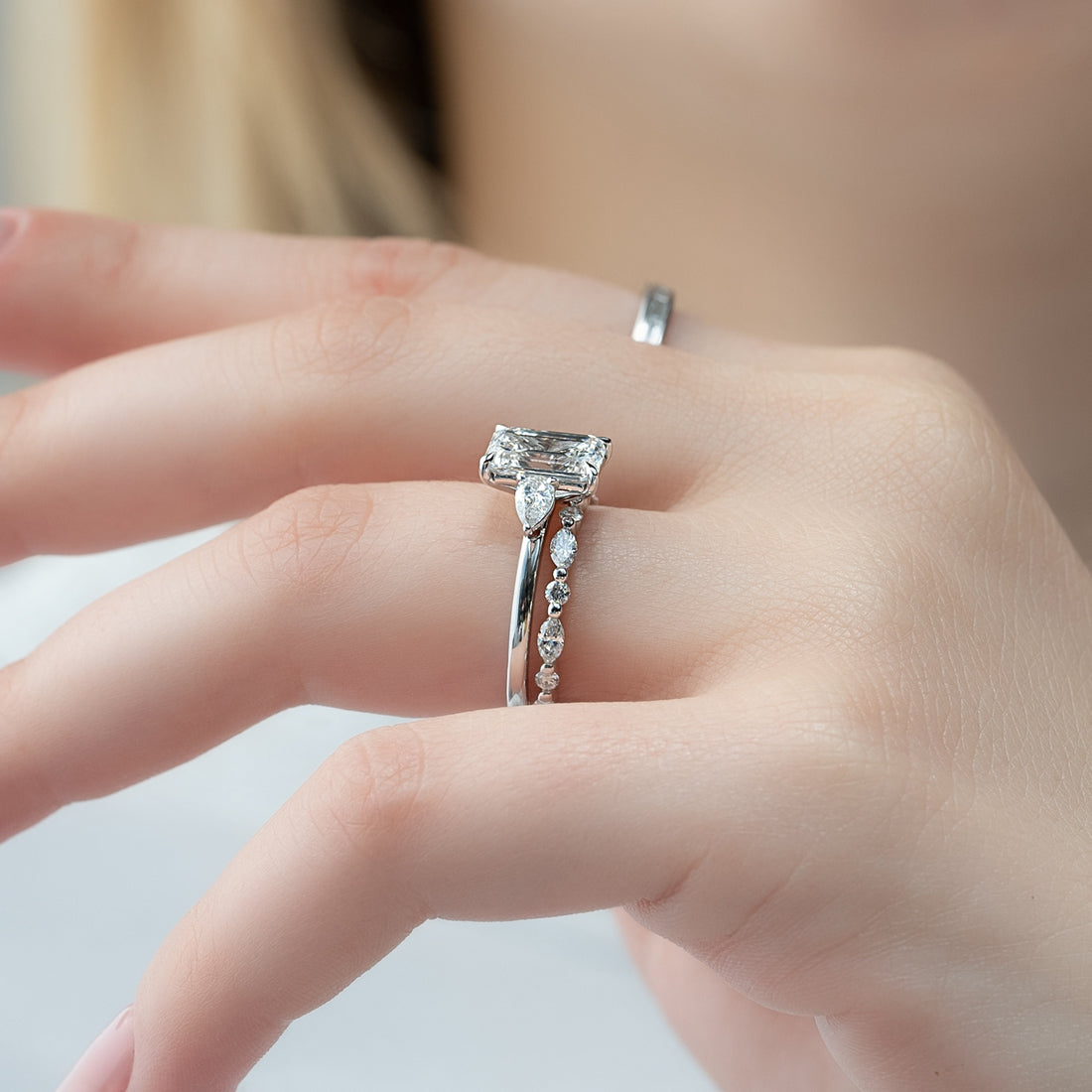 2.0- 4.0 CT Emerald Cut CVD Diamond Three Stone Style Engagement Ring