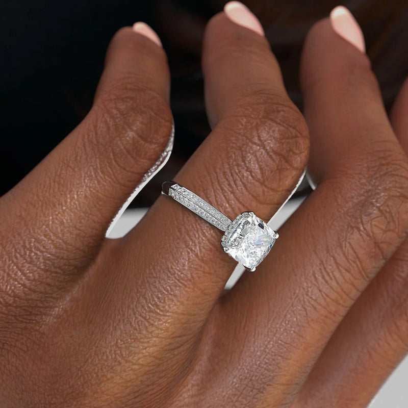 2.0 - 4.0 CT Cushion Cut CVD Diamond Hidden Halo & Pave  Engagement Ring
