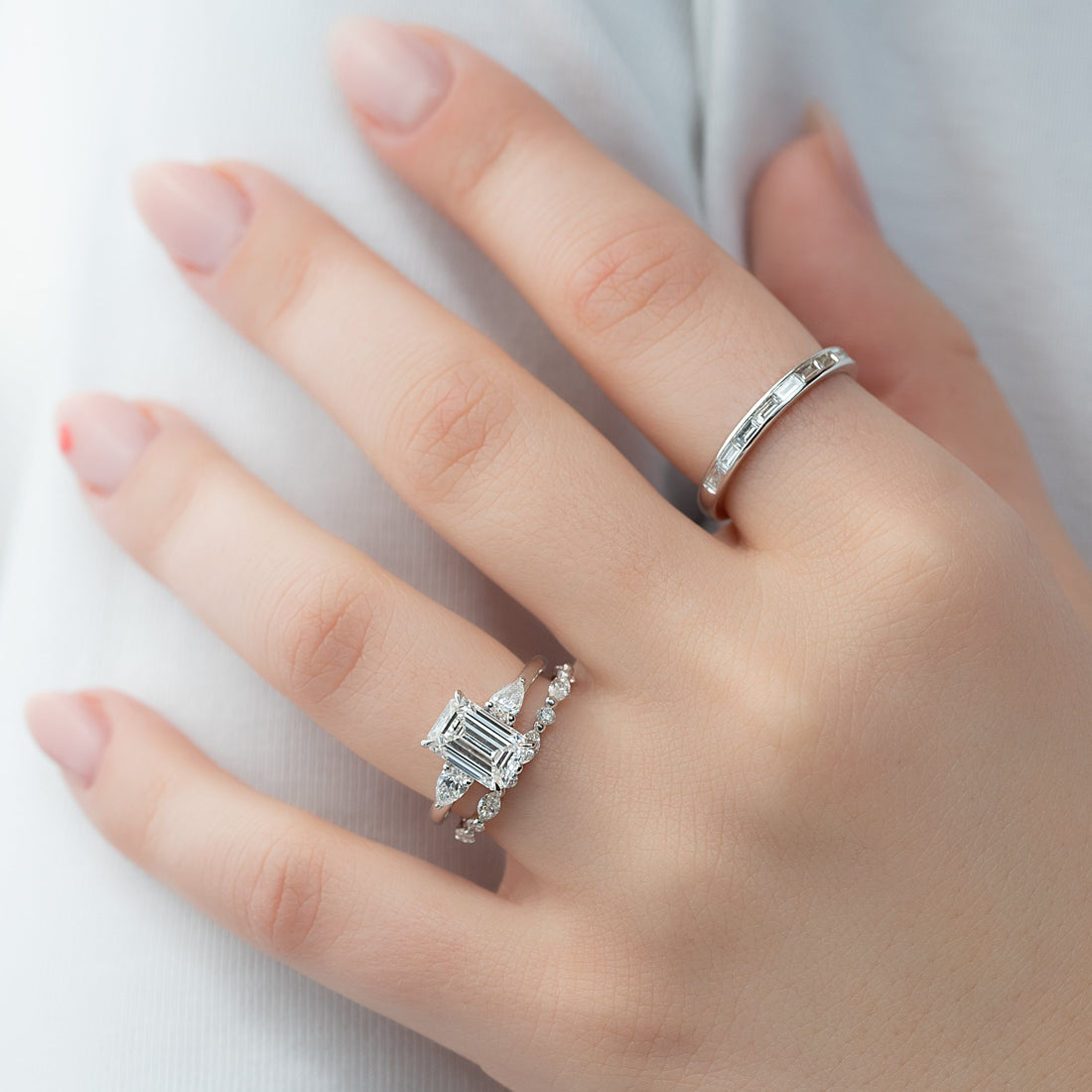2.0- 4.0 CT Emerald Cut CVD Diamond Three Stone Style Engagement Ring