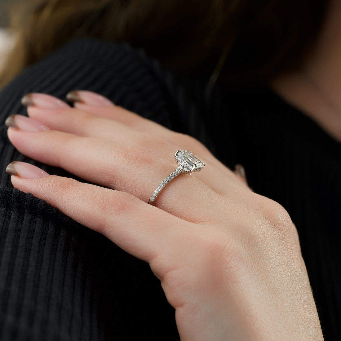 1.50 - 3.50 CT Emerald Cut CVD Diamond Hidden Halo & Pave  Engagement Ring