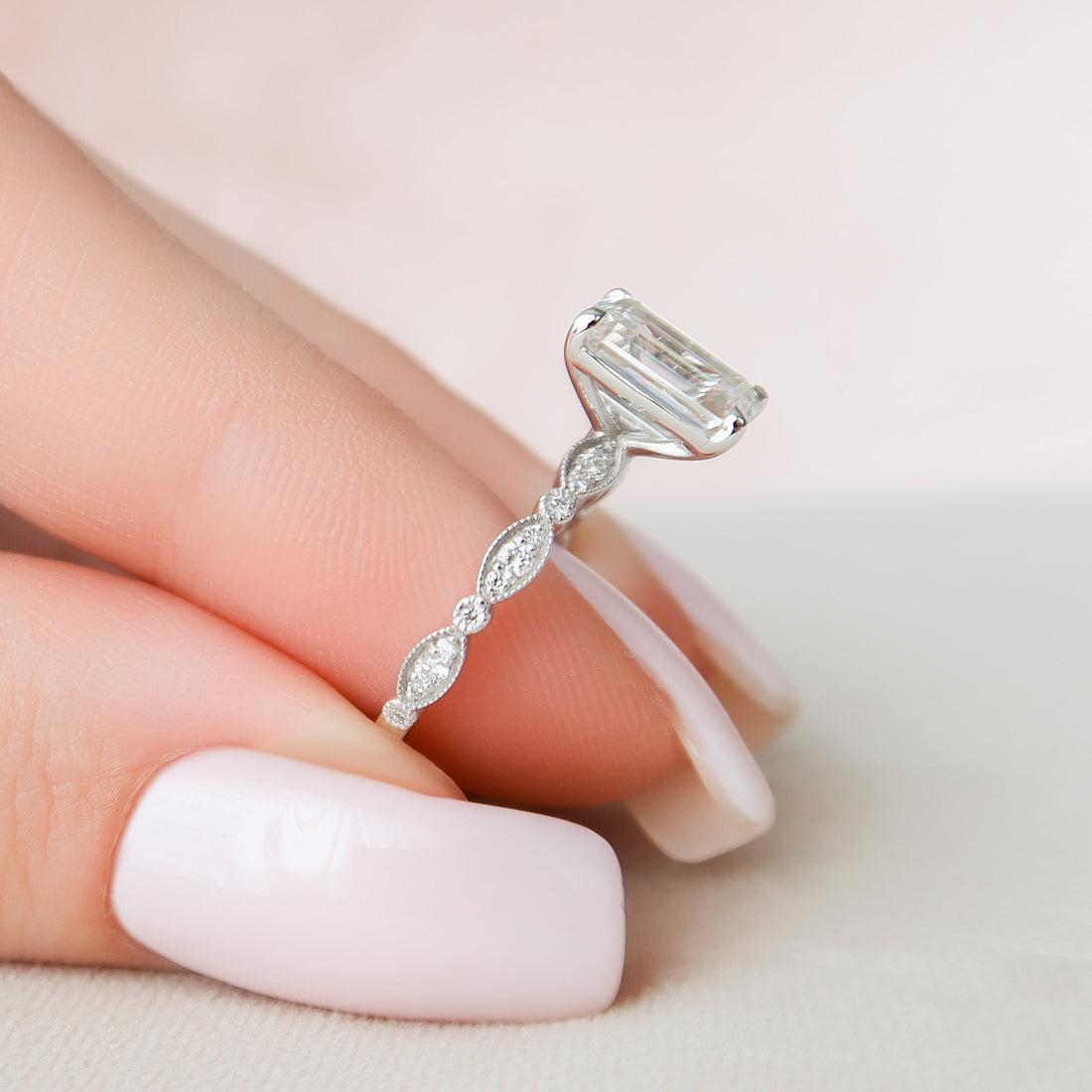1.0 - 3.0 CT Emerald Cut CVD Diamond Milgrain Setting Engagement Ring