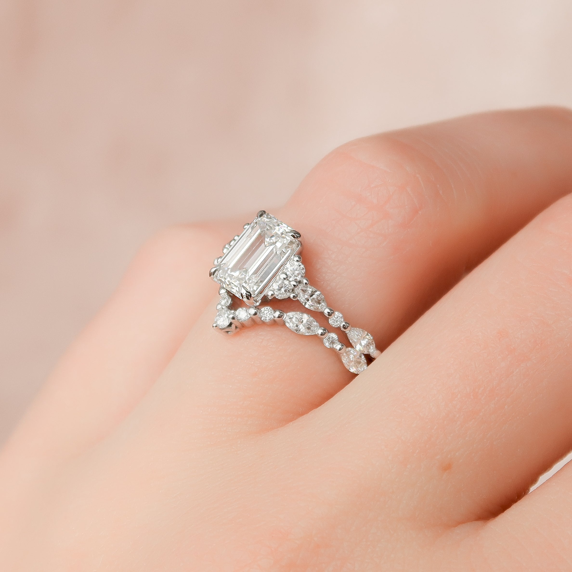 1.0 - 3.0 CT Emerald Cut CVD Diamond Cluster Engagement Ring