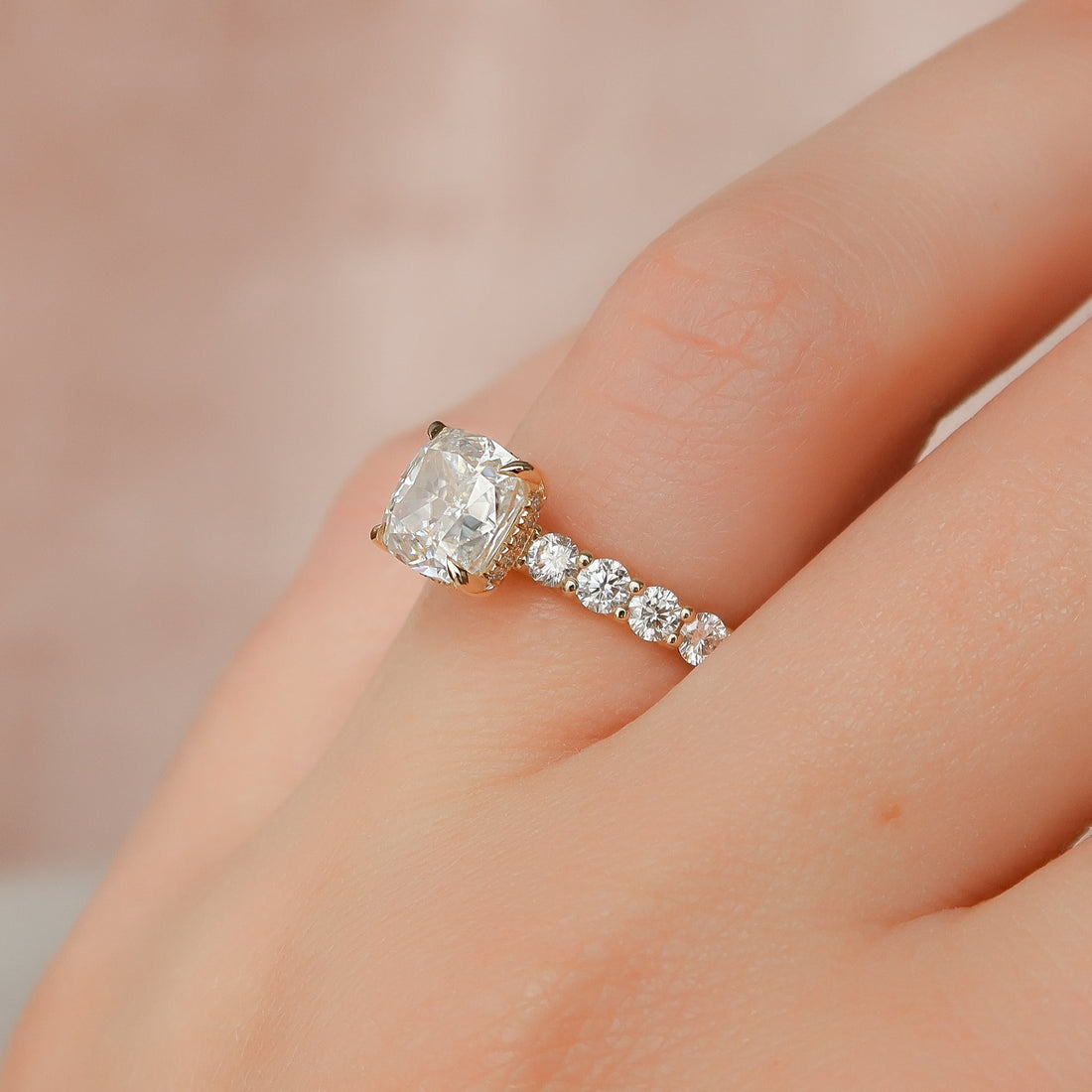 2.0- 4.0 CT Cushion Cut CVD Diamond Hidden Halo & Pave Engagement Ring