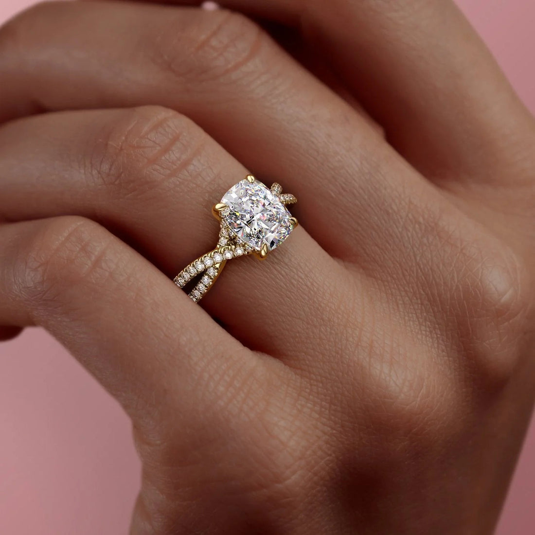 2.0 - 4.0 CT Elongated Cushion Cut CVD Diamond Twisted Pave Style Engagement Ring