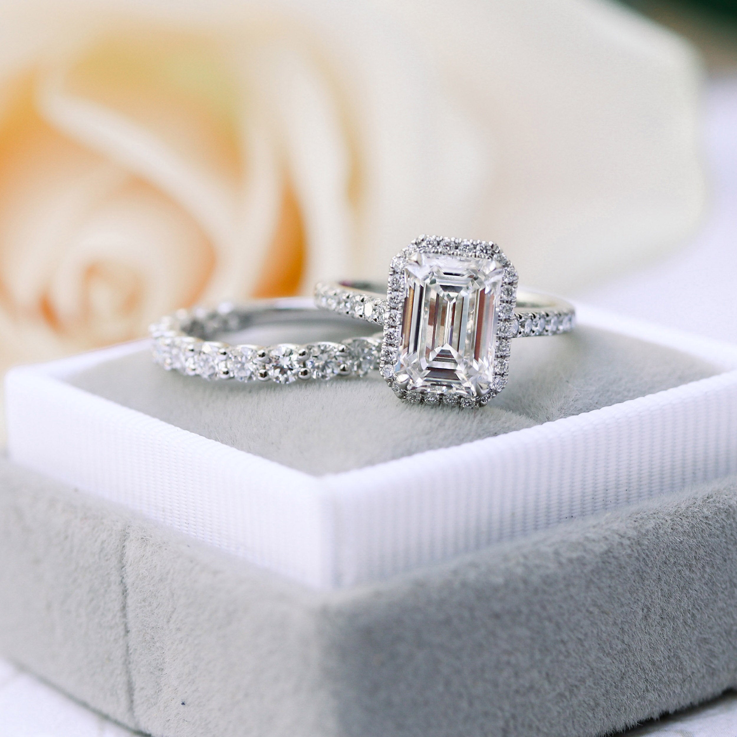 1.0 - 3.0 CT Emerald Cut Moissanite Halo Engagement Ring