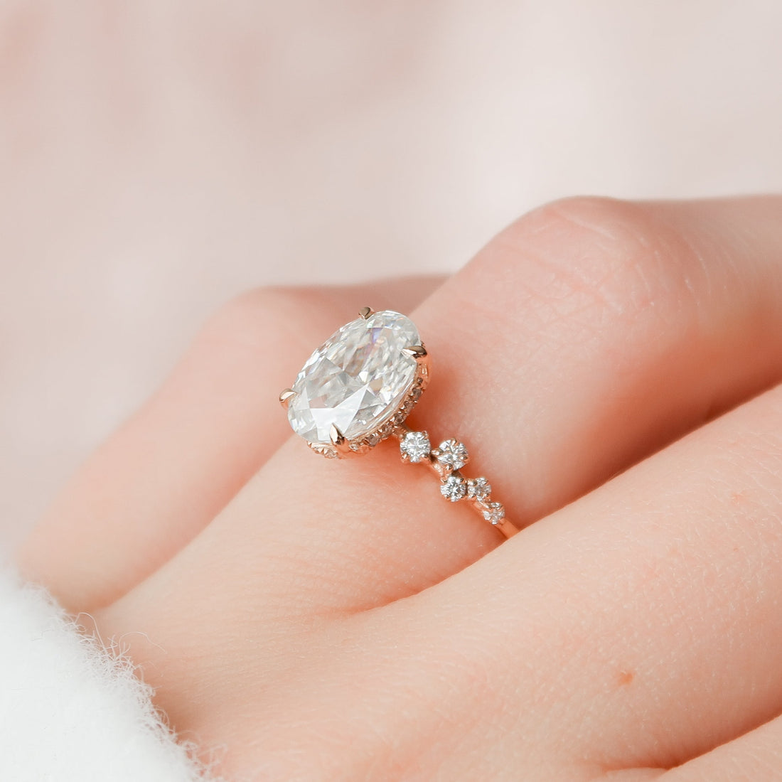 2.0 -4.0 CT Oval Cut CVD Diamond Hidden Halo & Pave Engagement Ring