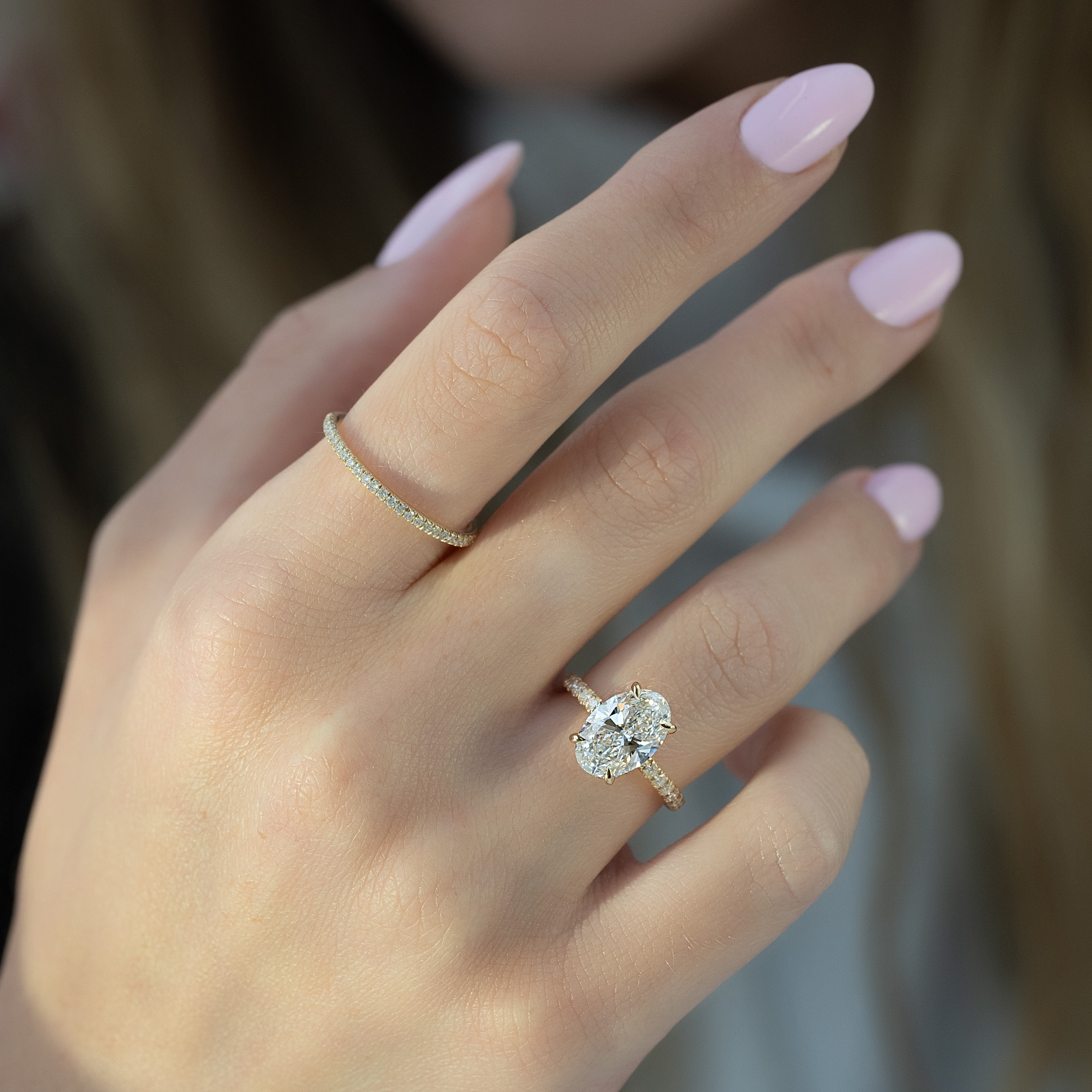 2.0 -4.0 CT Oval Cut CVD Diamond Hidden Halo & Pave Engagement Ring