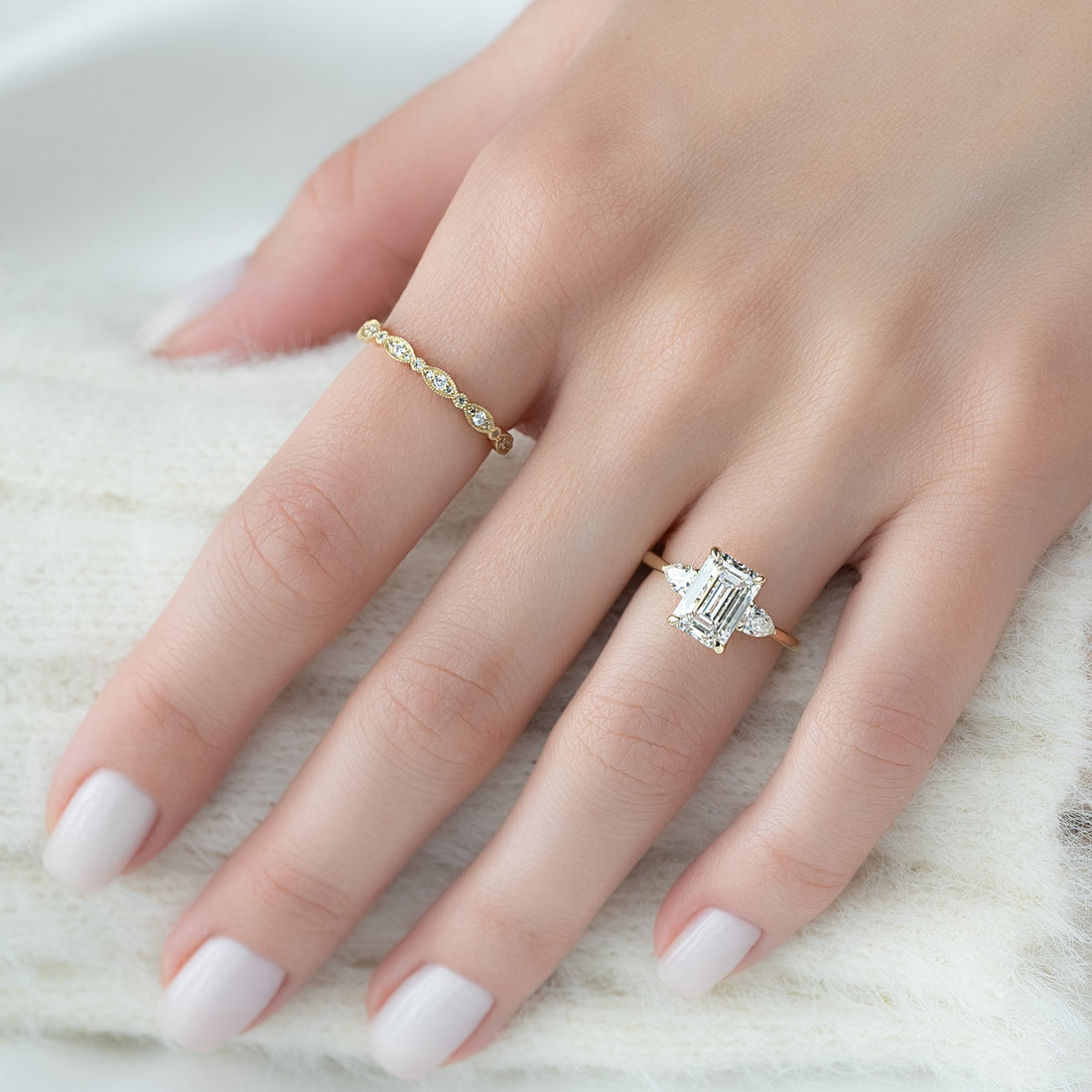 1.0- 3.0 CT Emerald Cut CVD Diamond Pave Engagement Ring