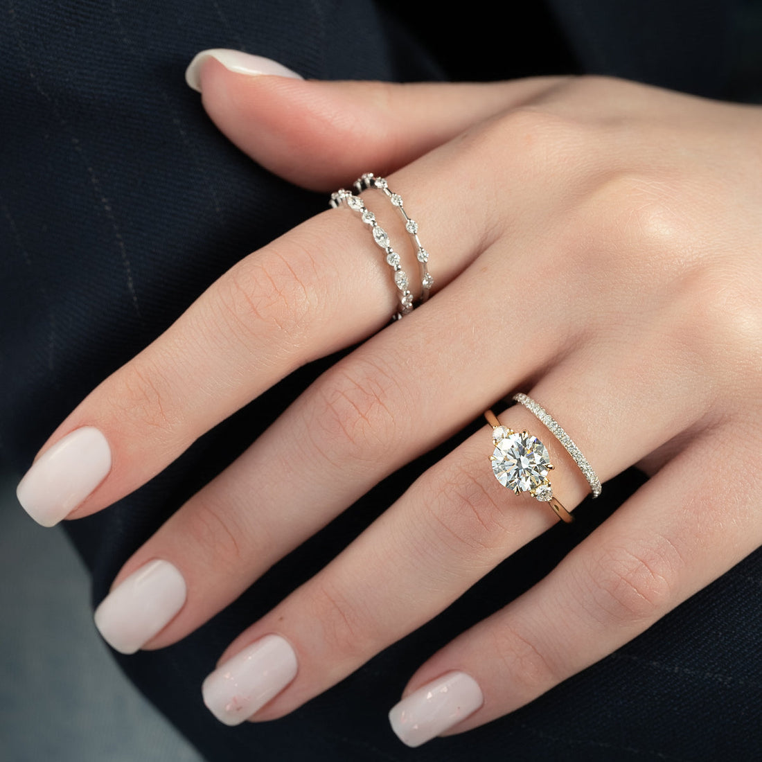 1.0 - 3.0 CT Round Cut CVD Diamond Three Stone Style Engagement Ring