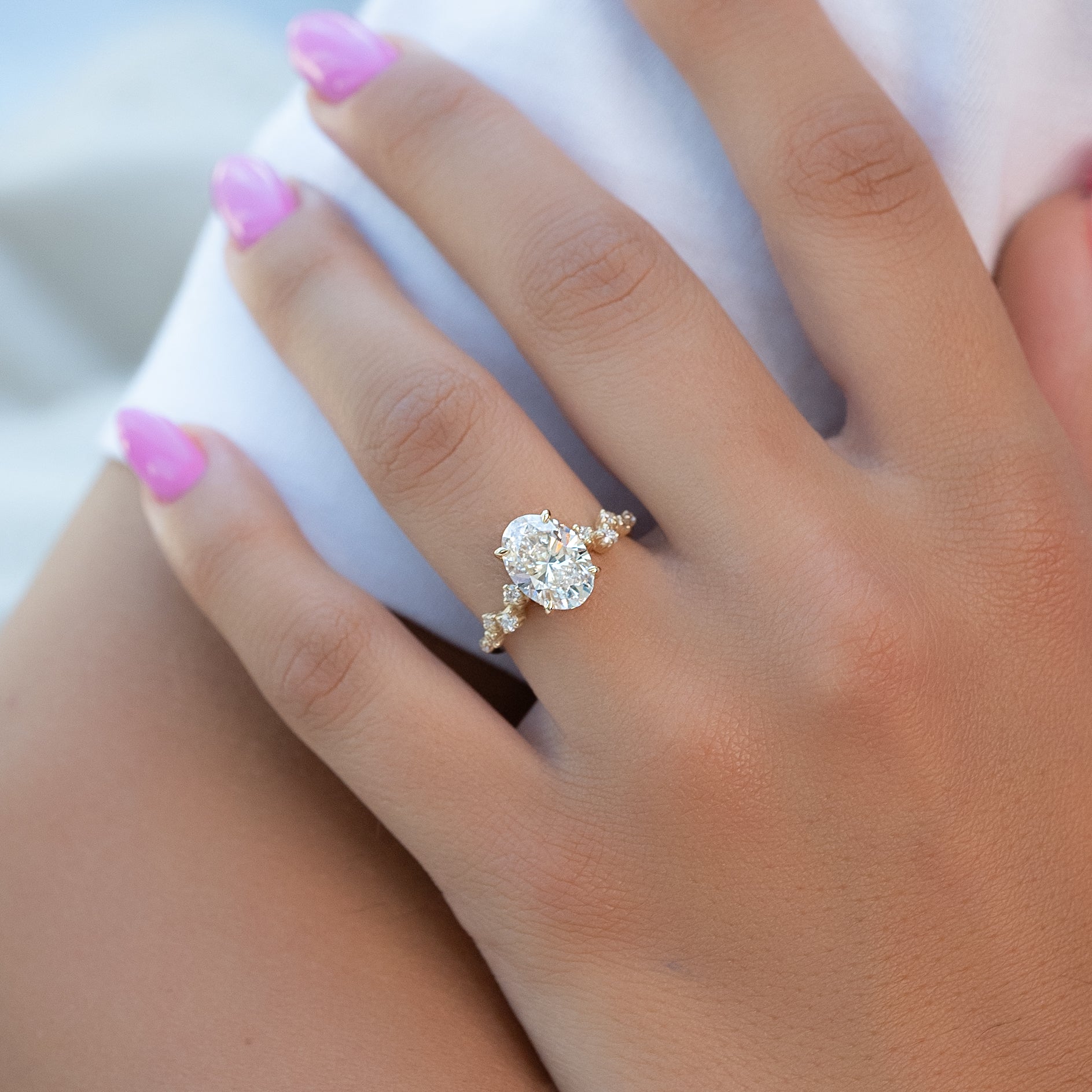 2.0 -4.0 CT Oval Cut CVD Diamond Hidden Halo & Pave Engagement Ring